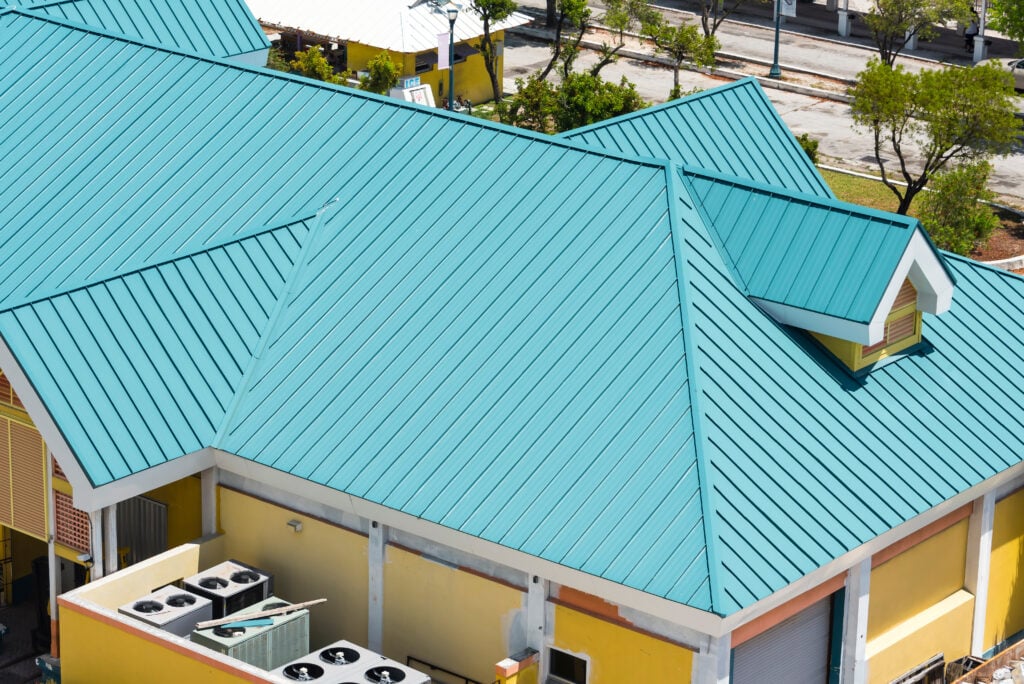 Metal roofing on modern apartment condo building for hurricane protection