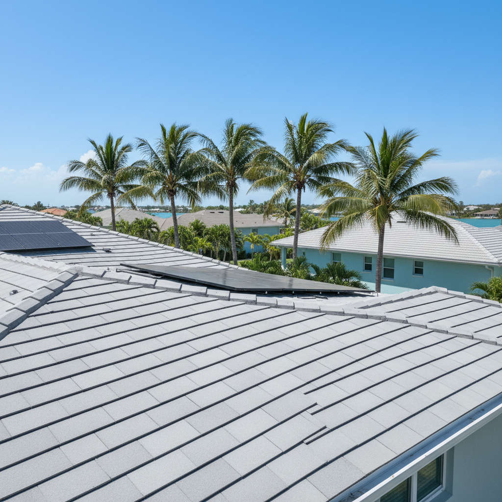 Roofing installation with modern materials, palm trees in background, Florida residential setting, emphasizing climate-appropriate roofing solutions for homeowners.