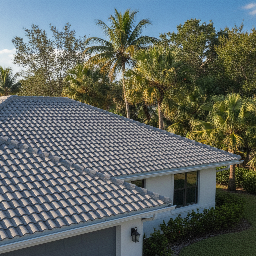 Pinellas County home with durable tile roof and lush tropical landscaping.